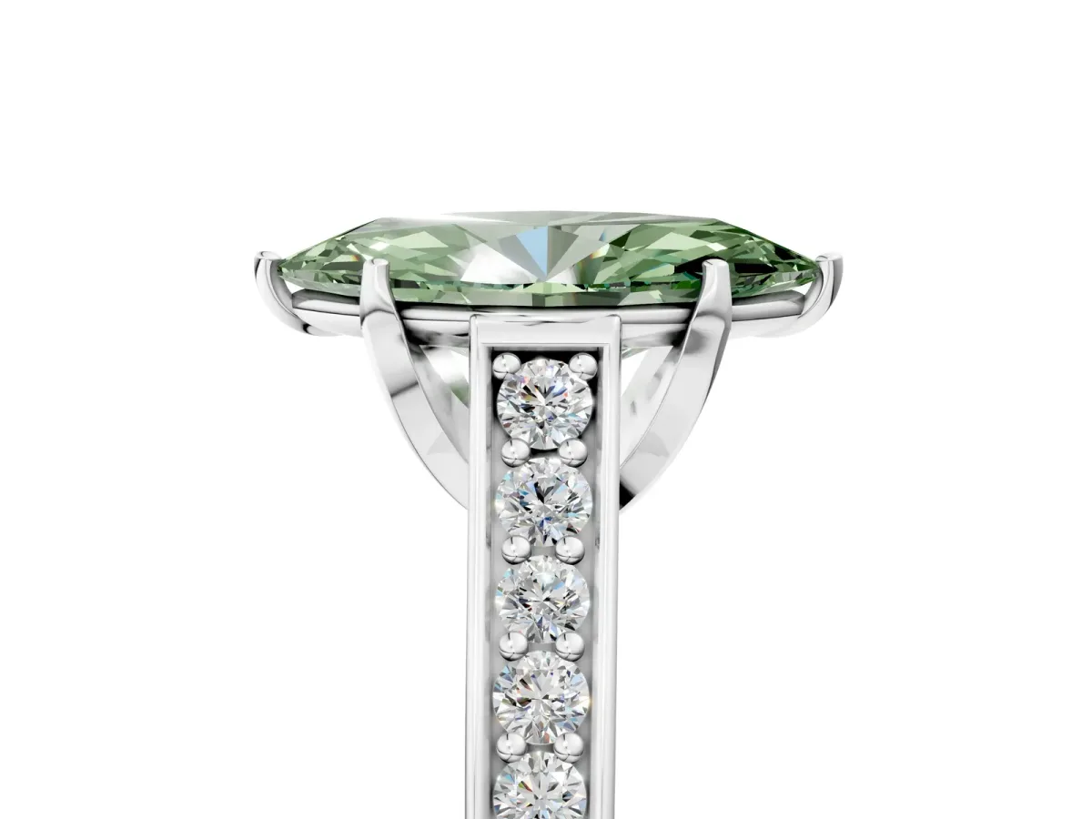 Fancy Green Marquise Cut Brilliant Cut Diamond Engagement Ring with Pavé Band and Four-Prong Setting Platinum