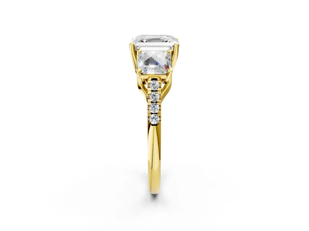 Three-Stone Asscher Cut Diamond Ring with Round Pavé Band and Prong Setting Yellow gold