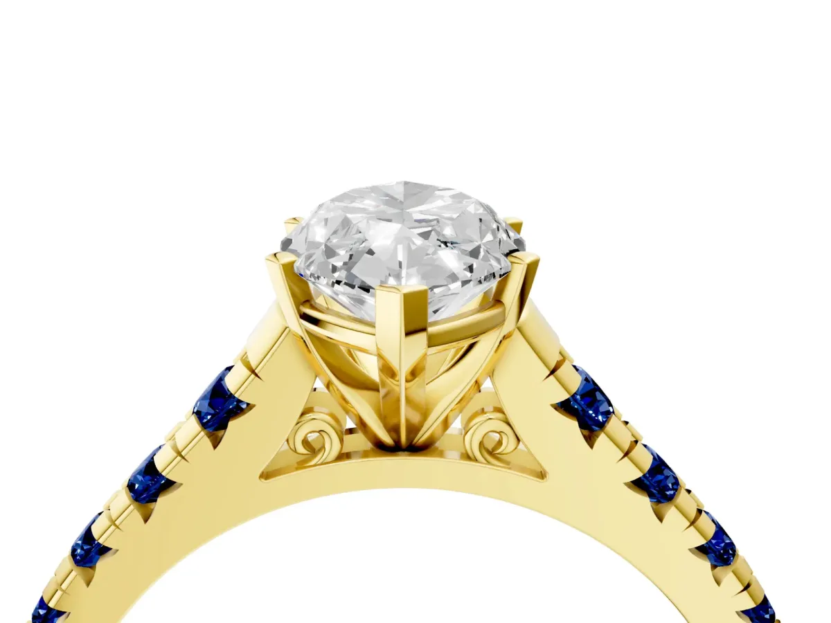 Marquise Cut Diamond Cathedral Solitaire Ring with Round Blue Sapphire Pavé Band Yellow gold