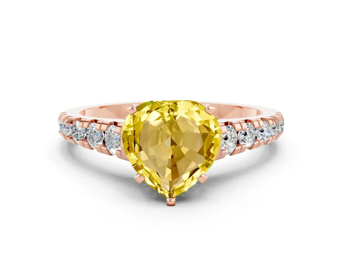 Heart Cut Yellow Sapphire Cathedral Solitaire Ring with Round Pavé Band Rose gold