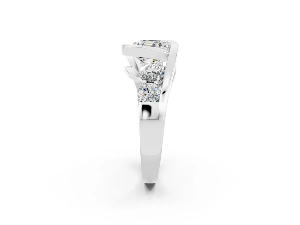 Bezel Set Cushion Cut Moissanite Bypass Ring with Round Accents Silver