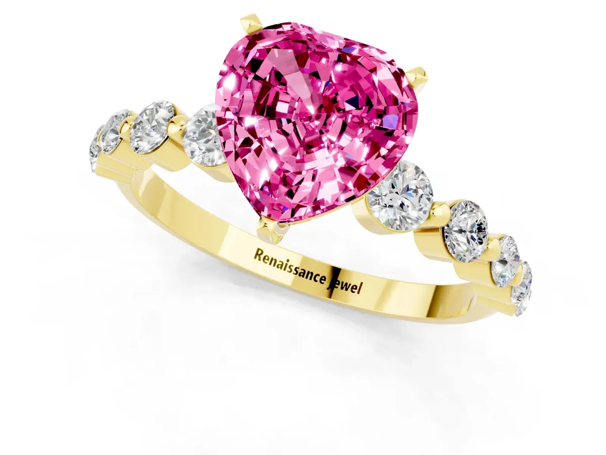 Heart Cut Solitaire Pink Sapphire Ring with Pave Band and Four-Prong Setting Yellow gold