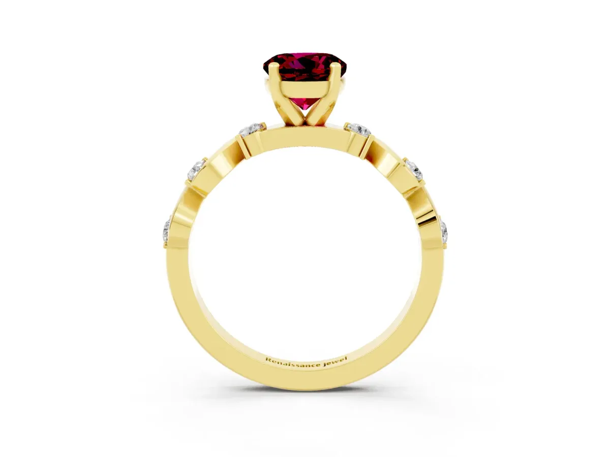 Round Cut Garnet Solitaire Twisted Band with Round Accents and Prong Setting Yellow gold