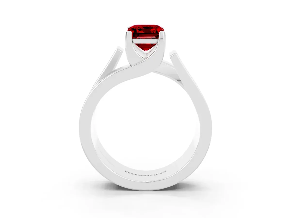 Modern Tension Set Emerald Cut Ruby Solitaire Wide Band Ring Silver