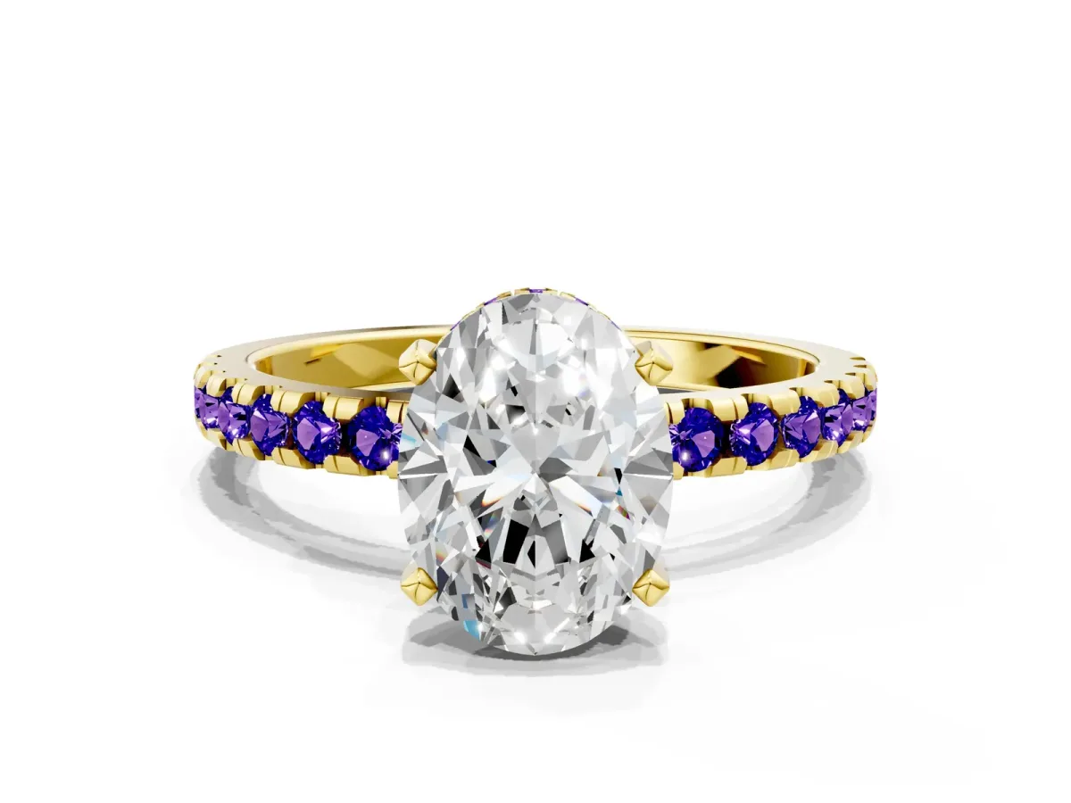 Oval Cut Diamond Solitaire Ring with Round Tanzanite Pavé Band and Four-Prong Setting Yellow gold