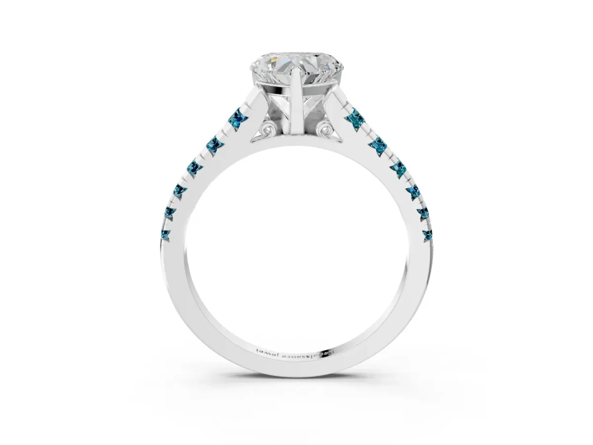 Heart Cut Diamond Cathedral Solitaire Ring with Round Blue Topaz Pavé Band White gold