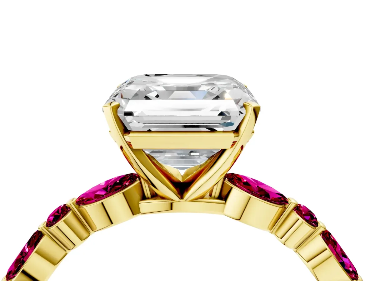 Asscher Cut Diamond Ring with Marquise and Round Garnet Side Stones and Four-Prong Setting Yellow gold