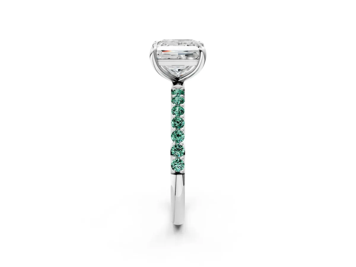 Princess Cut Diamond Solitaire Ring with Round Green Sapphire Pavé Band and Prong Setting White gold