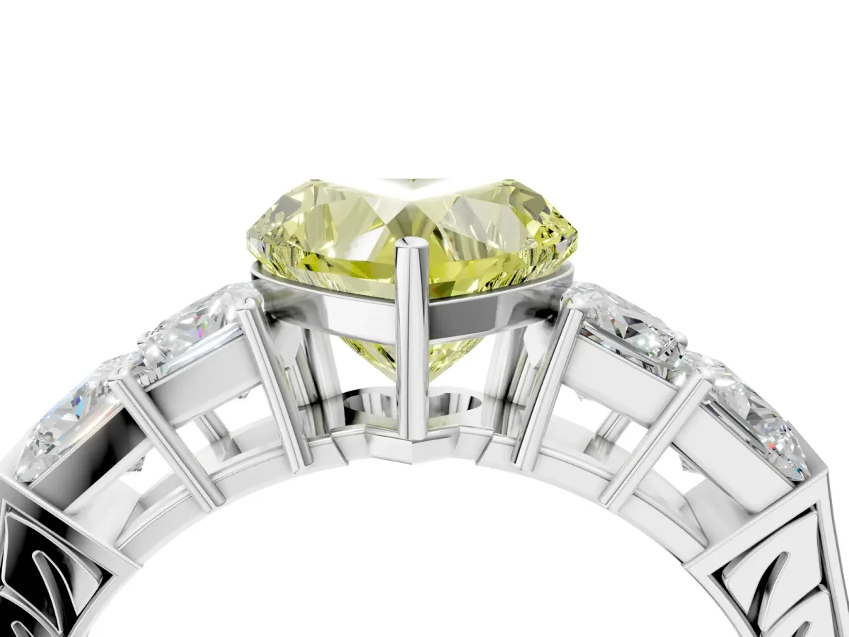 Fancy Yellow Heart Cut Solitaire Princess Side Stone Engraved Band Prong Setting Ring Silver