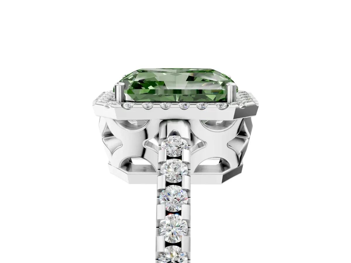 Fancy Green Radiant Cut Diamond Halo Engagement Ring with Pavé Band and Prong Setting Platinum