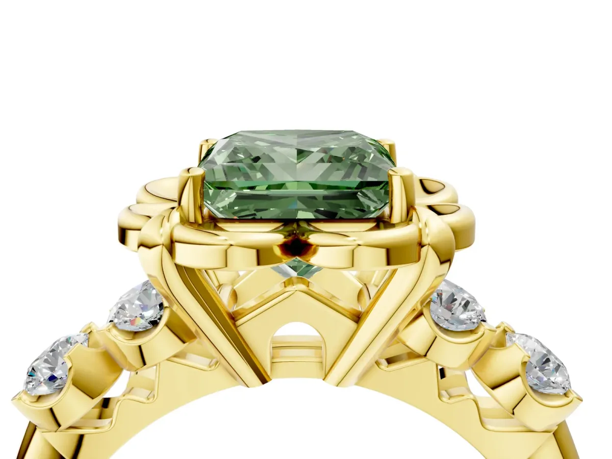 Fancy Green Princess Cut Cut Diamond Floral Halo Engagement Ring with Shared Prong Setting Yellow gold