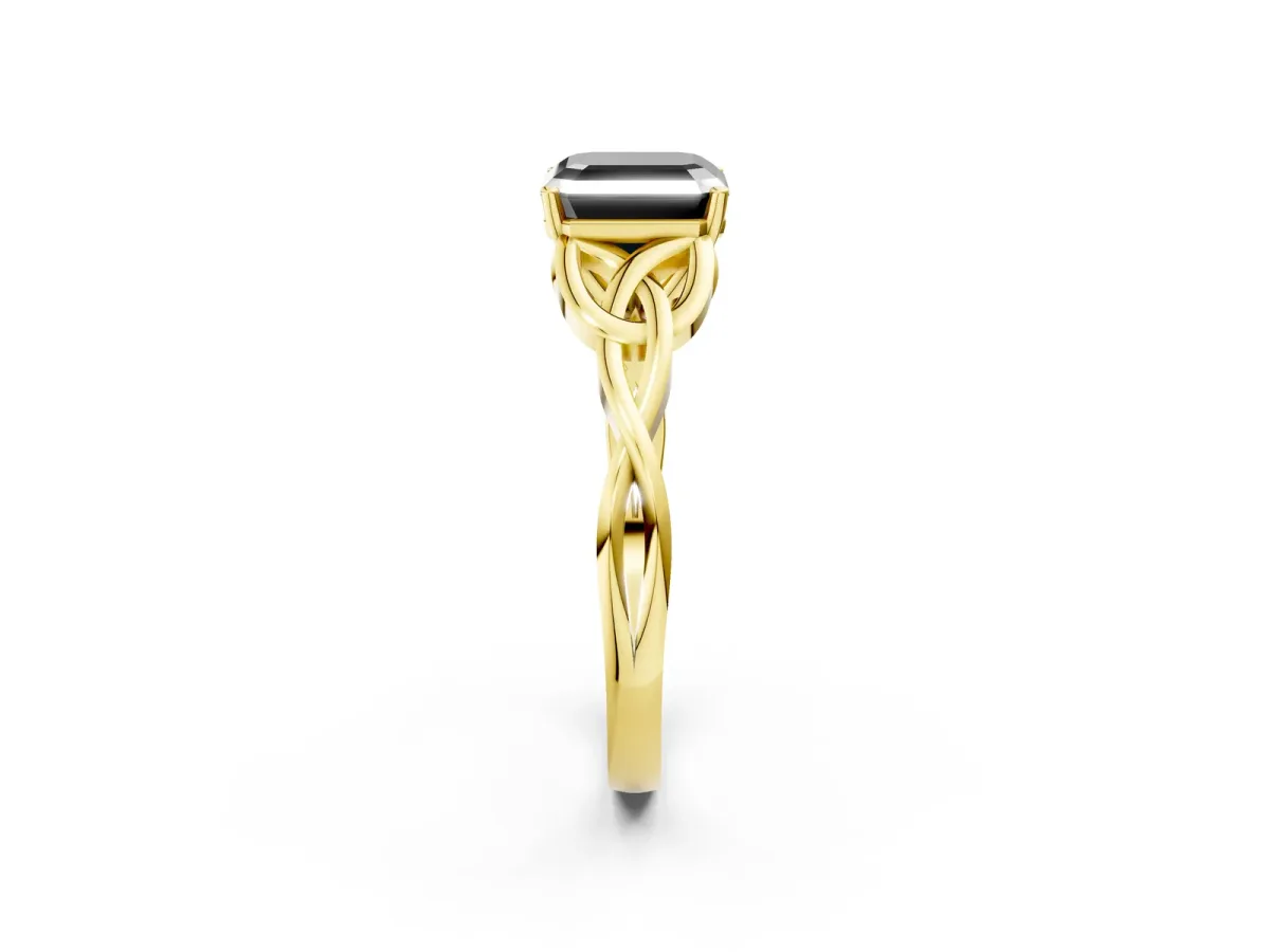 Fancy Black Asscher Cut Diamond Solitaire Engagement Ring with Celtic Knot Band and Four-Prong Setting Yellow gold