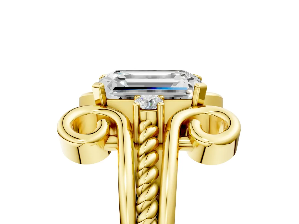 Emerald Cut Solitaire Twisted Band Scroll Prong Ring Yellow gold