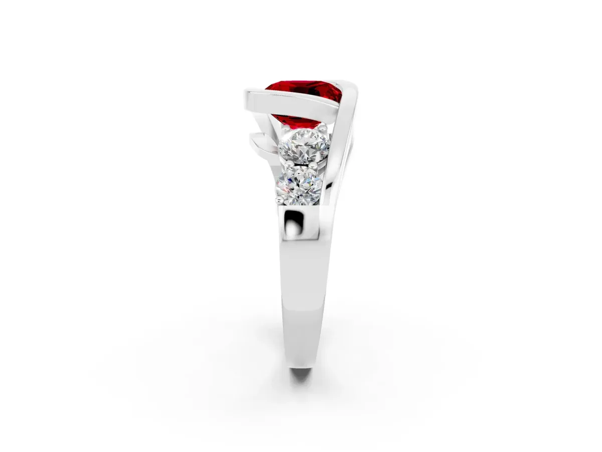 Bezel Set Cushion Cut Ruby Bypass Ring with Round Accents Silver