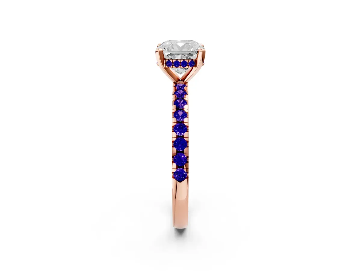 Cushion Cut Diamond Solitaire Ring with Round Tanzanite Pavé Band and Four-Prong Setting Rose gold