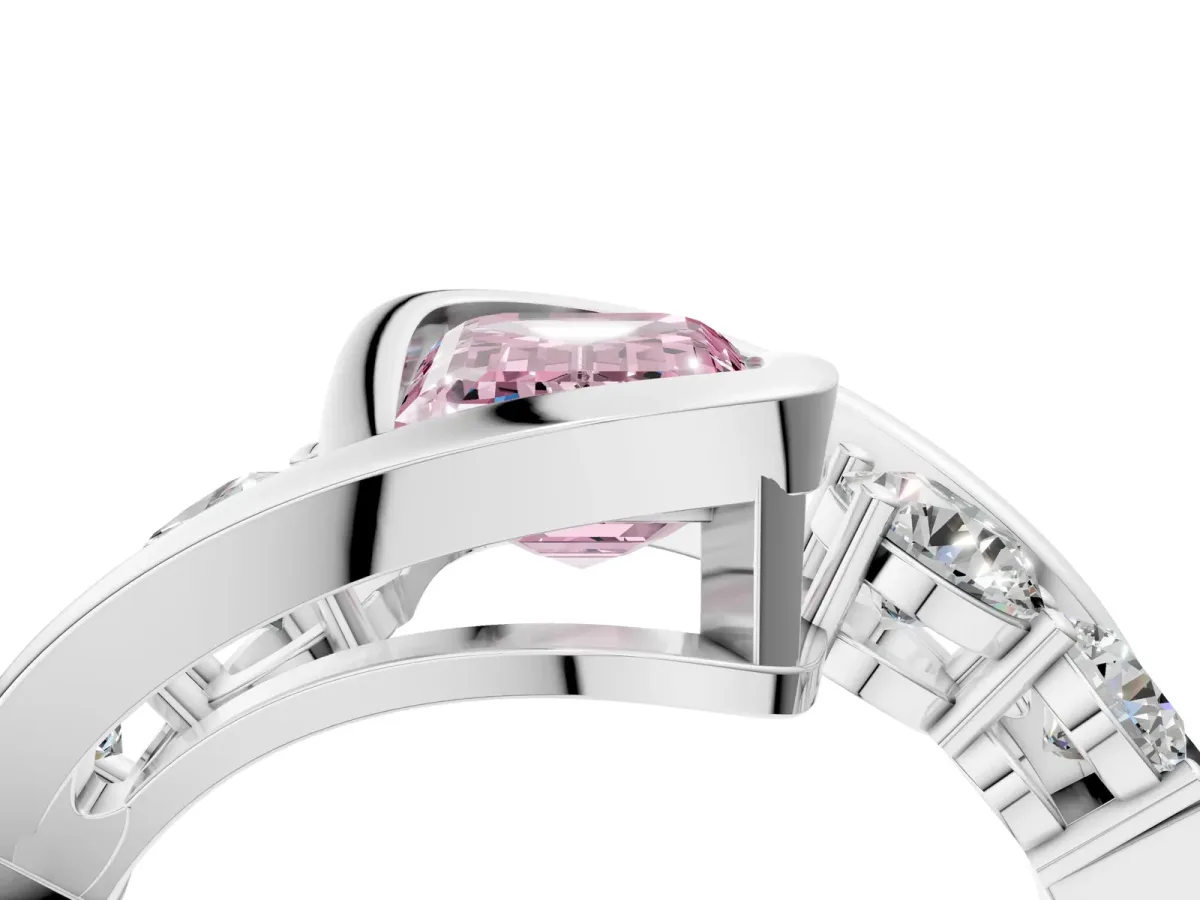 Fancy Pink Bezel Set Emerald Cut Diamond Bypass Ring with Round Accents Silver