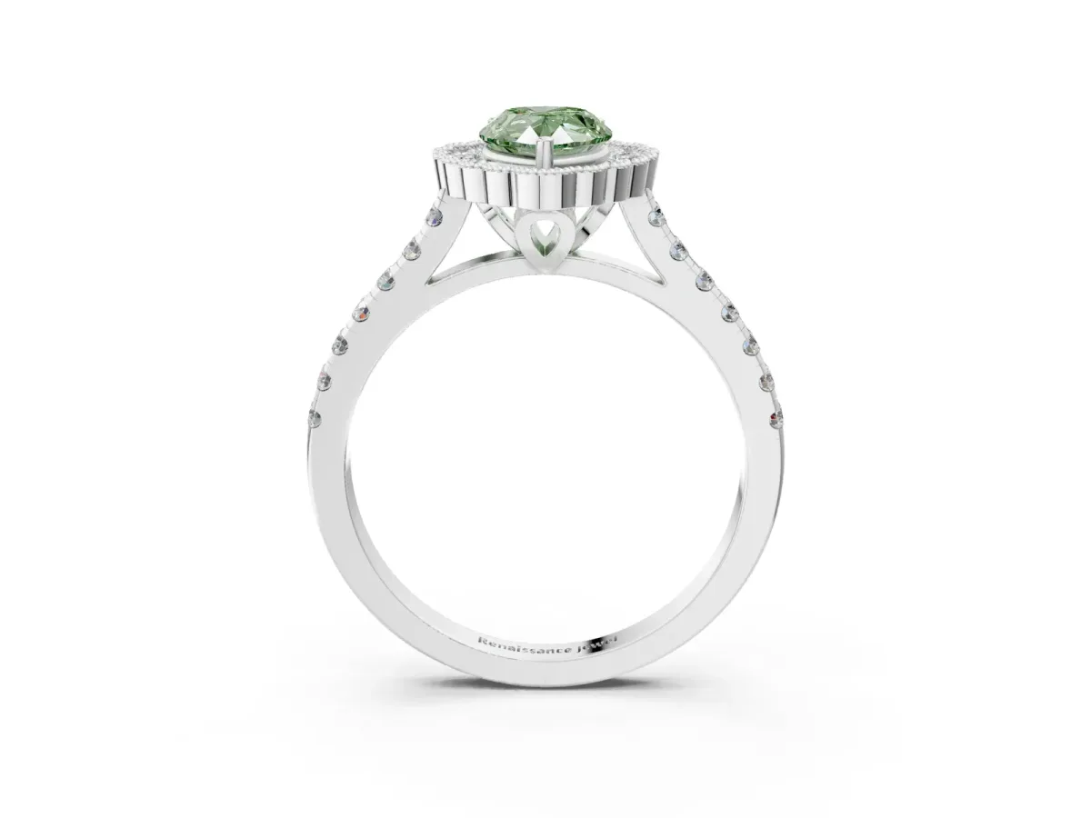 Fancy Green Pear Cut Cut Diamond Milgrain Floral Halo Engagement Ring with Pavé Band Silver