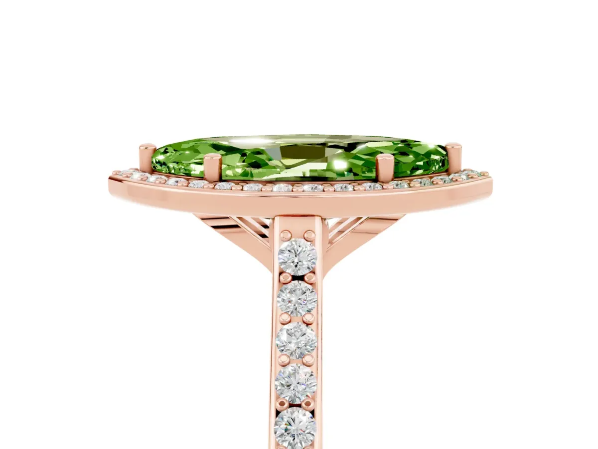 Marquise Cut Peridot Halo Engagement Ring with Round Pavé Shoulders and Prong Setting Rose gold