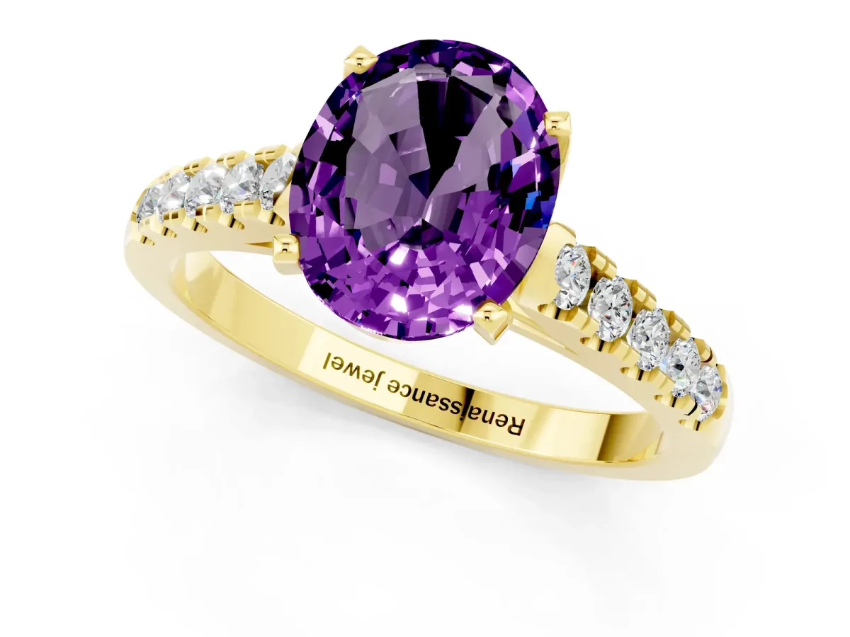 Oval Cut Amethyst Pavé Band Solitaire Ring with Prong Setting Yellow gold