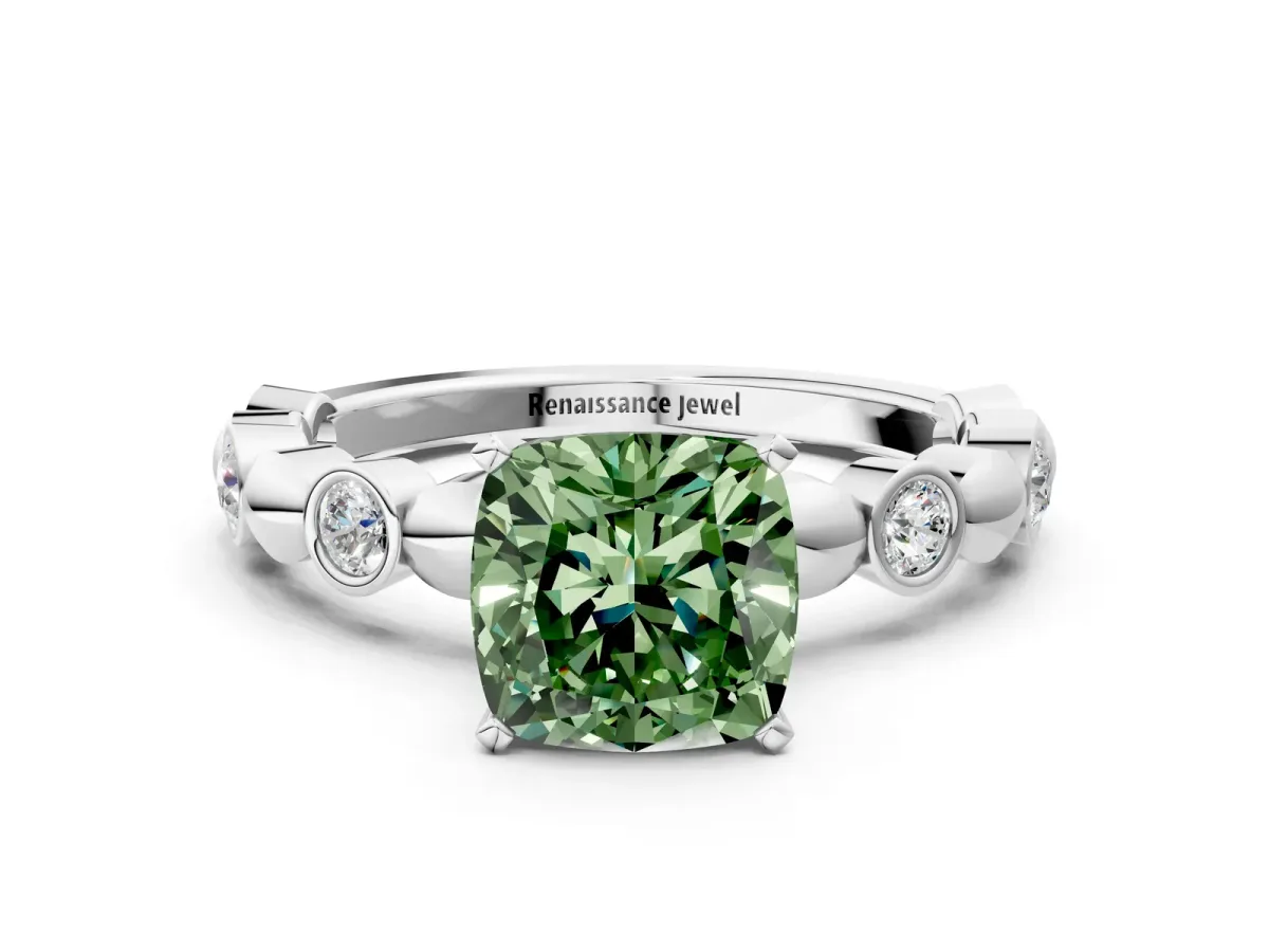 Fancy Green Cushion Cut Solitaire Bezel-Set Diamond Ring with Beaded Band and Four-Prong Setting Silver