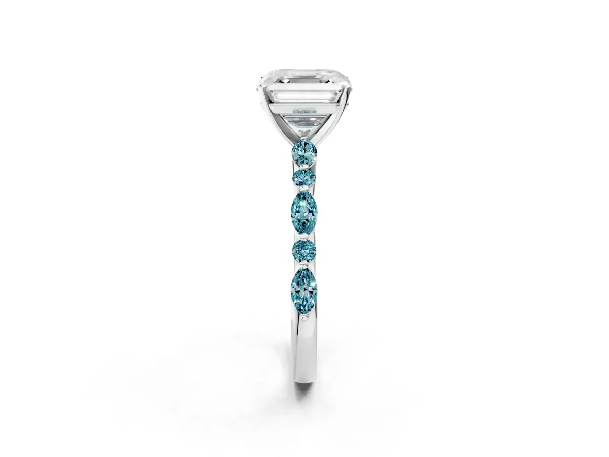 Asscher Cut Diamond Ring with Marquise and Round Blue Topaz Side Stones and Four-Prong Setting White gold