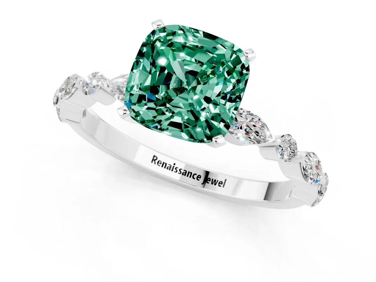 Cushion Cut Green Sapphire Ring with Marquise and Round Side Stones and Four-Prong Setting Platinum