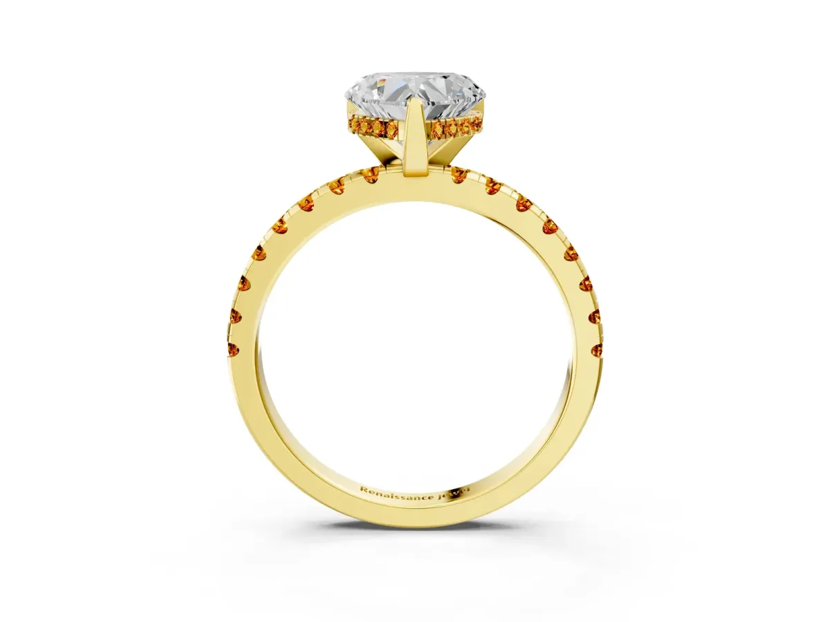 Heart Cut Diamond Solitaire Ring with Round Citrine Pavé Band and Four-Prong Setting Yellow gold