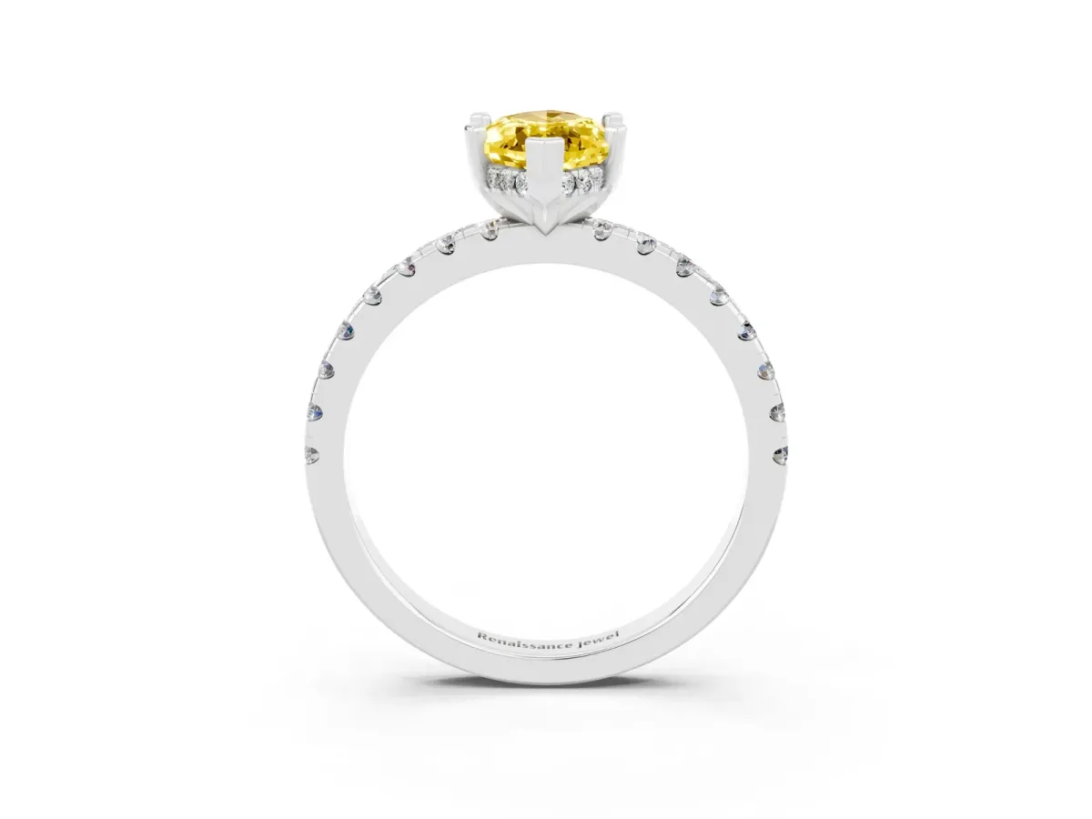Marquise Cut Yellow Sapphire Solitaire Ring with Round Pavé Band and Four-Prong Setting White gold