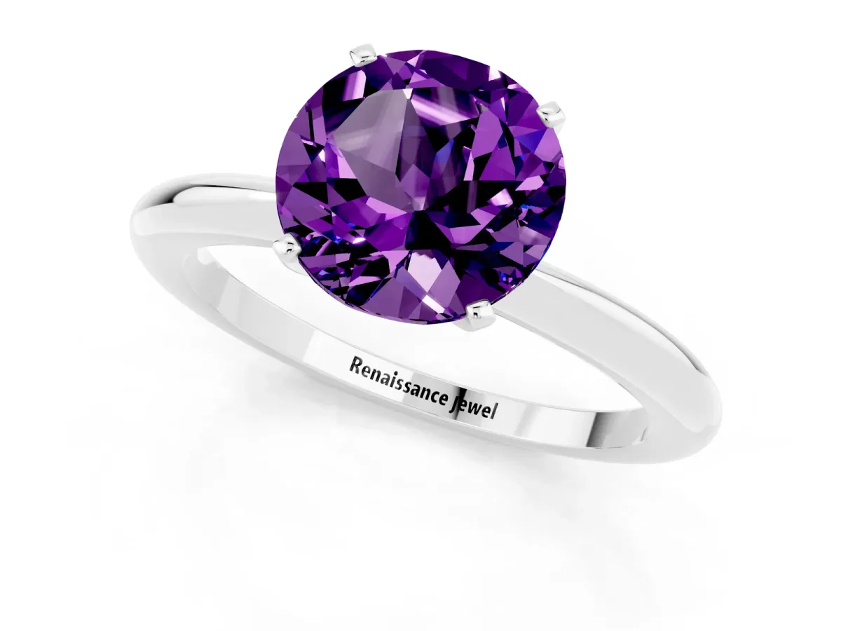 Round Cut Amethyst Solitaire Ring with Six-Prong Setting and Classic Band Platinum