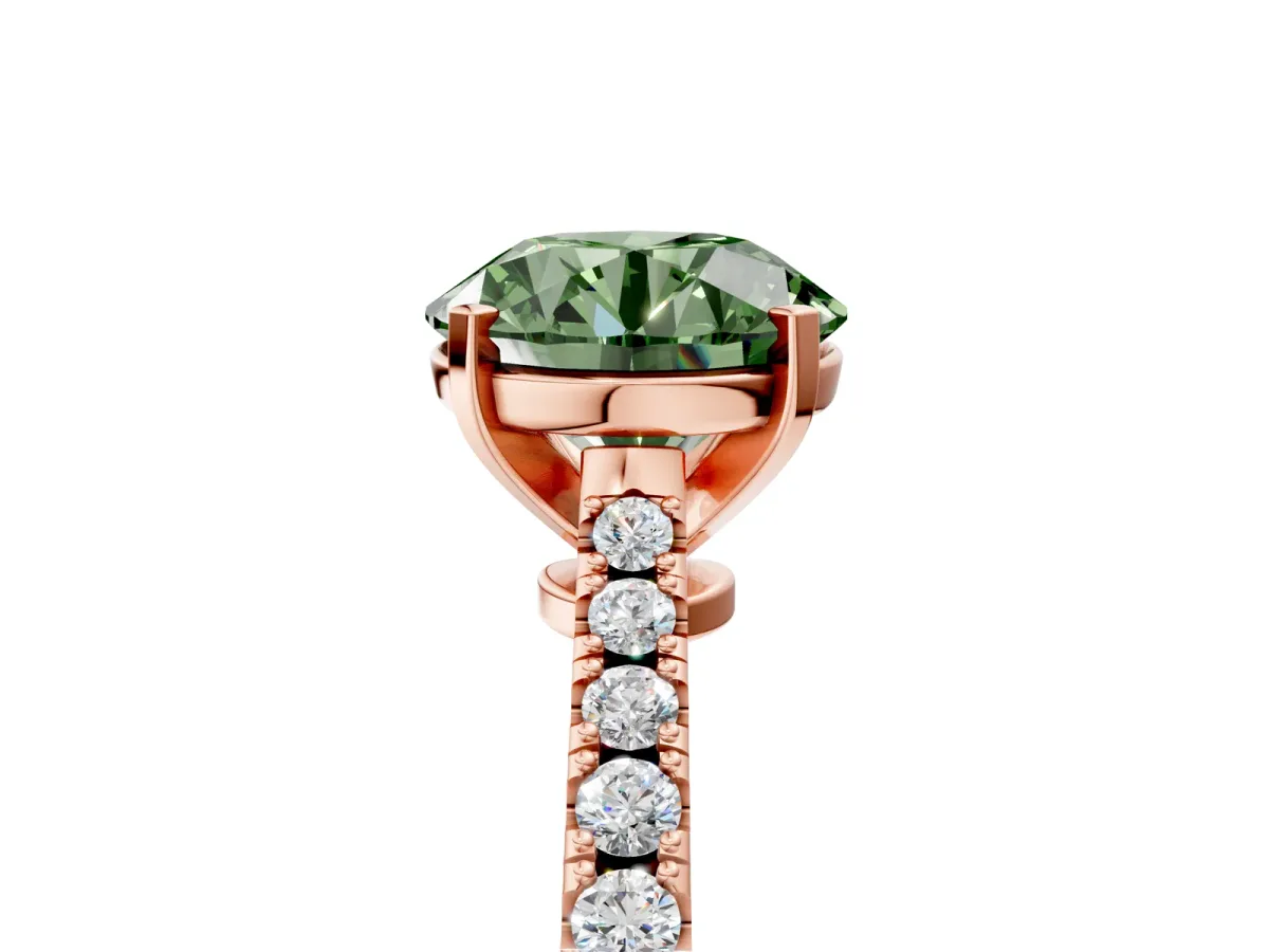 Fancy Green Round Cut Cut Solitaire Diamond Engagement Ring with Pave Band and Four-Prong Setting Rose gold