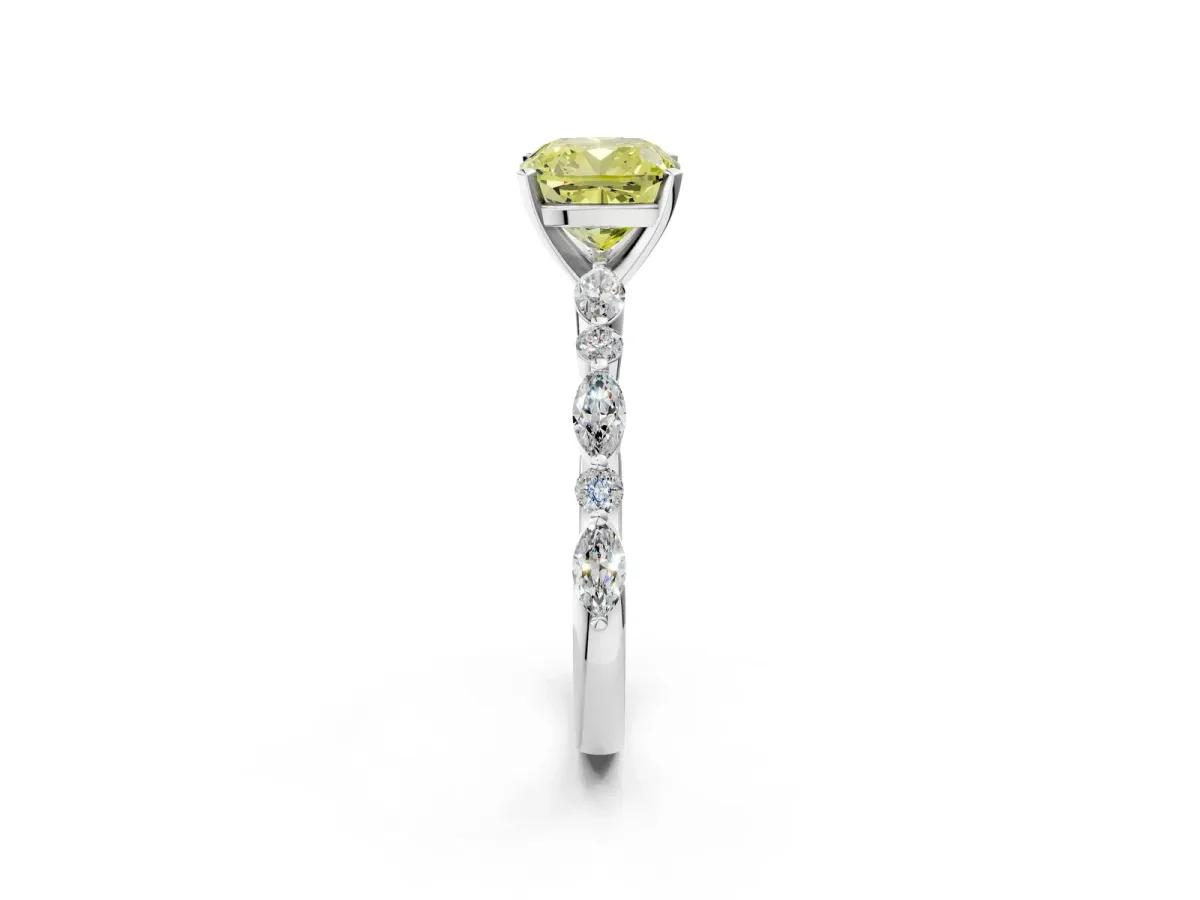 Fancy Yellow Cushion Cut Diamond Ring with Marquise and Round Side Stones and Four-Prong Setting Platinum