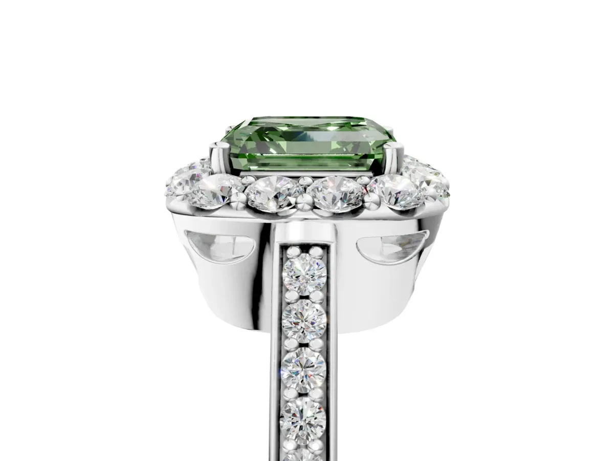 Fancy Green Asscher Cut Diamond Floral Halo Ring with Pavé Band and Prong Setting Platinum