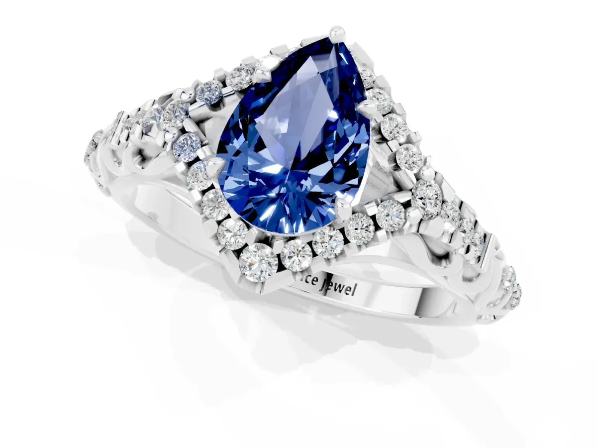 Pear Cut Blue Sapphire Solitaire Ring with Hidden Halo and Pavé Band White gold