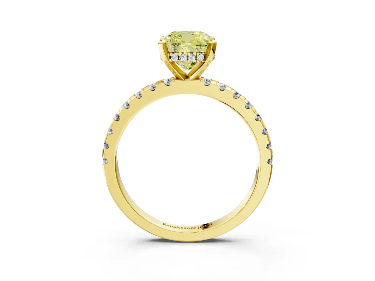 Fancy Yellow Cushion Cut Diamond Solitaire Ring with Round Pavé Band and Four-Prong Setting Yellow gold