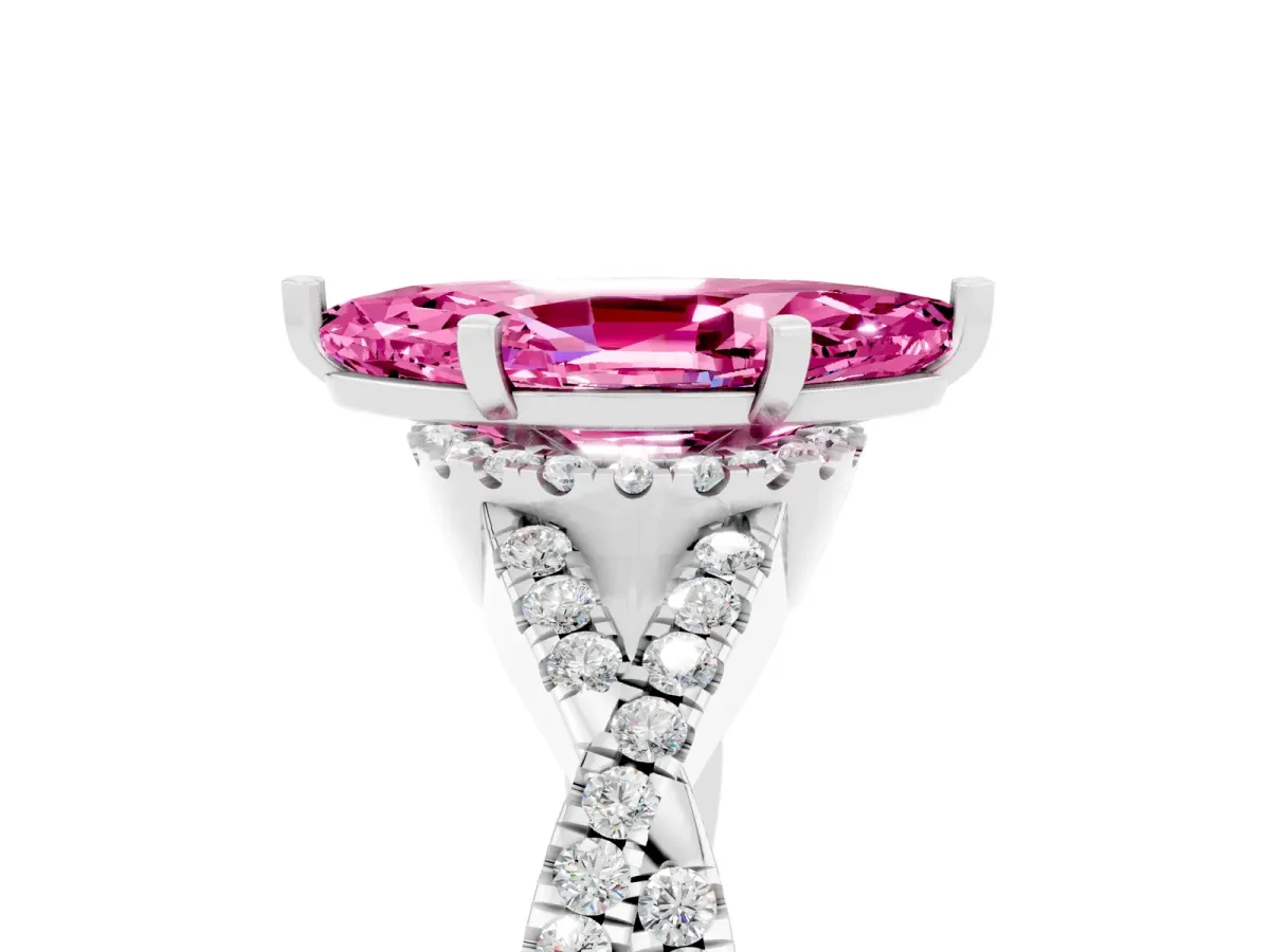Marquise Cut Pink Sapphire Halo Twist Band Solitaire Prong Setting Ring White gold