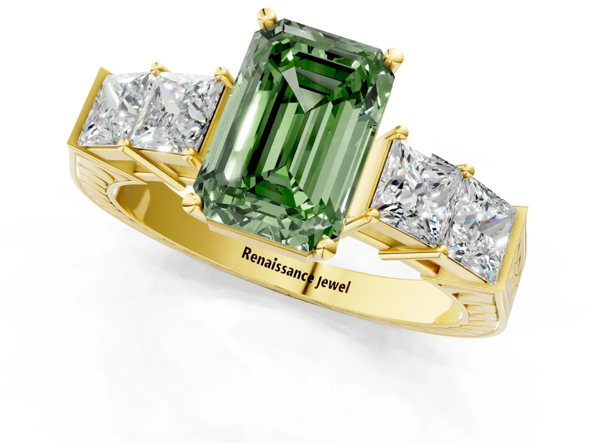Fancy Green Emerald Cut Solitaire Princess Side Stone Engraved Band Prong Setting Ring Yellow gold