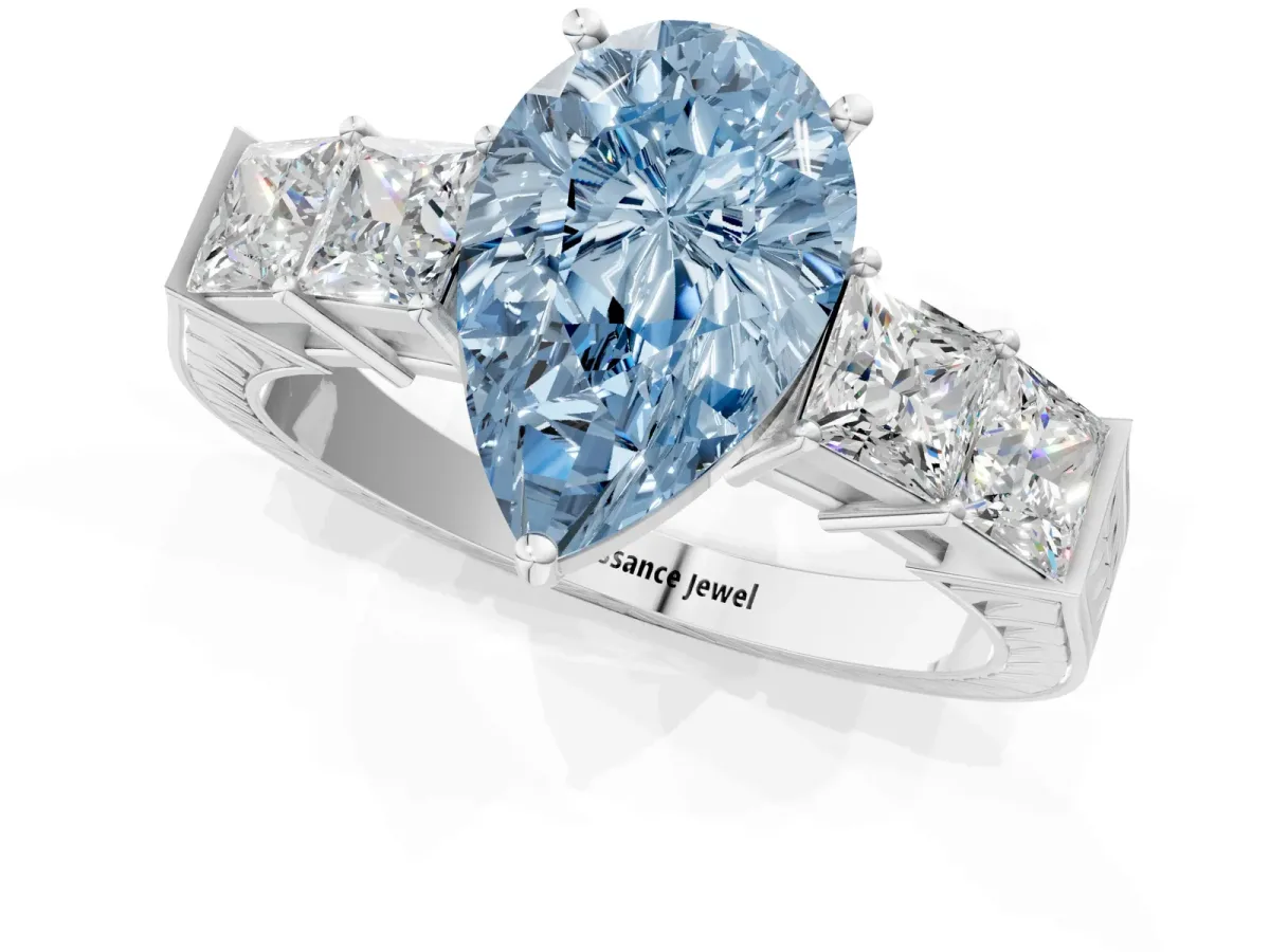 Fancy Blue Pear Cut Solitaire Princess Side Stone Engraved Band Prong Setting Ring Platinum