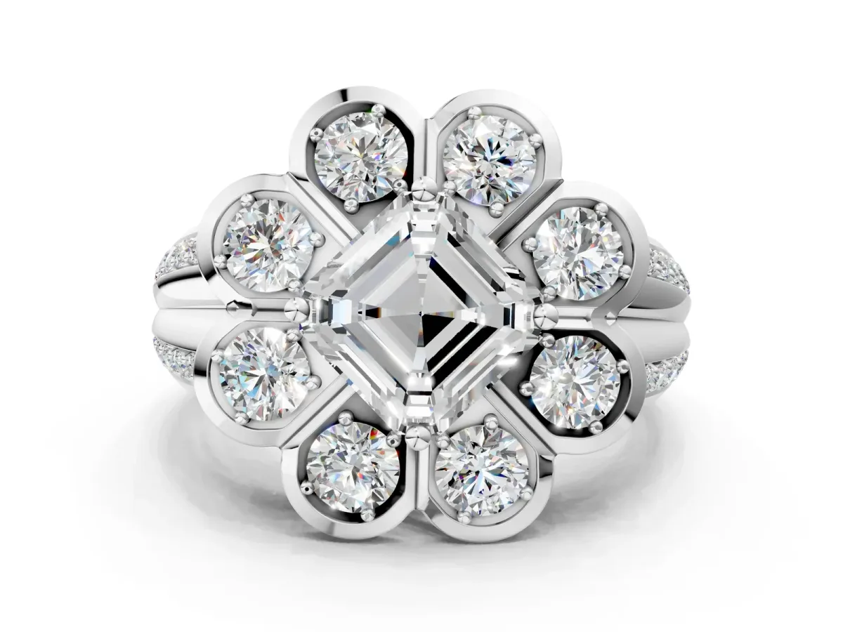 Asscher Cut Brilliant Flower Halo Diamond Split Shank Ring Platinum