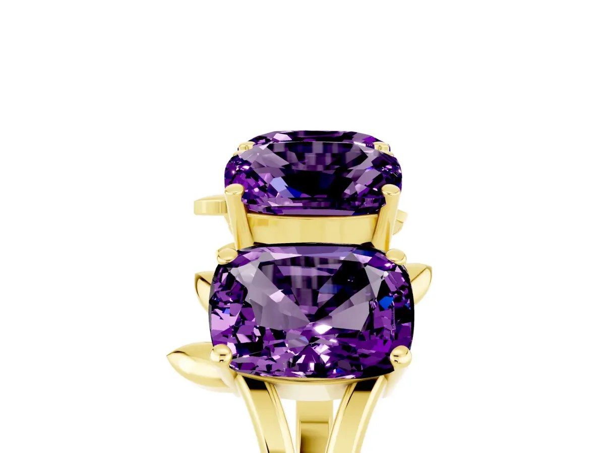 Four-Stone Elongated Cushion Amethyst Band with Nature-Inspired Prong Setting Yellow gold