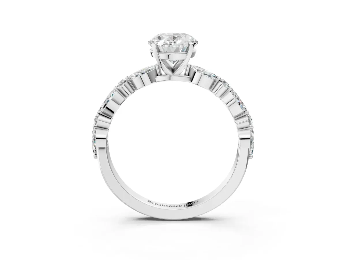 Oval Cut Diamond Ring with Marquise and Round Moissanite Side Stones and Four-Prong Setting White gold