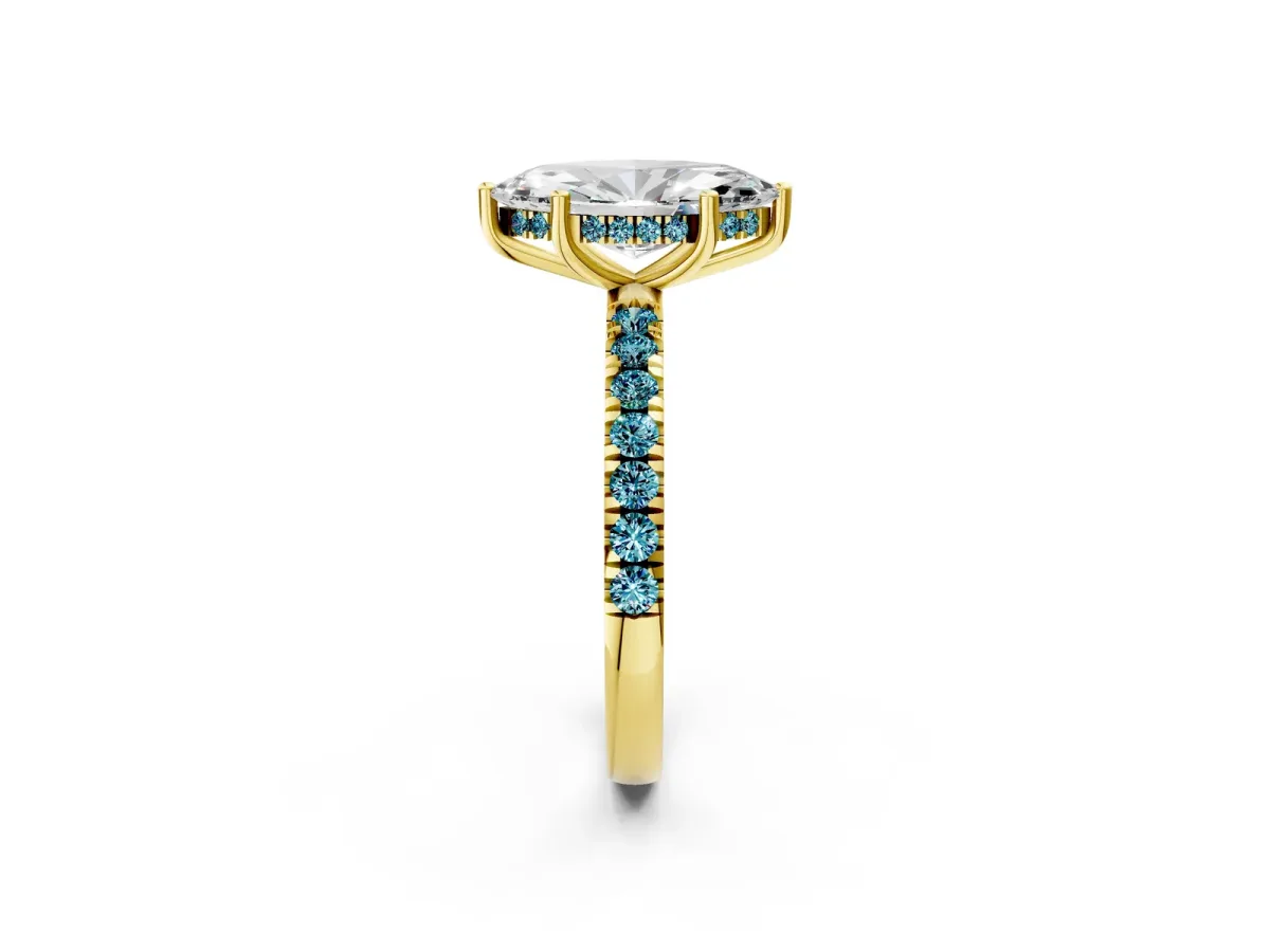 Marquise Cut Diamond Pave Band Solitaire Ring with Round Blue Topaz and Prong Setting Yellow gold
