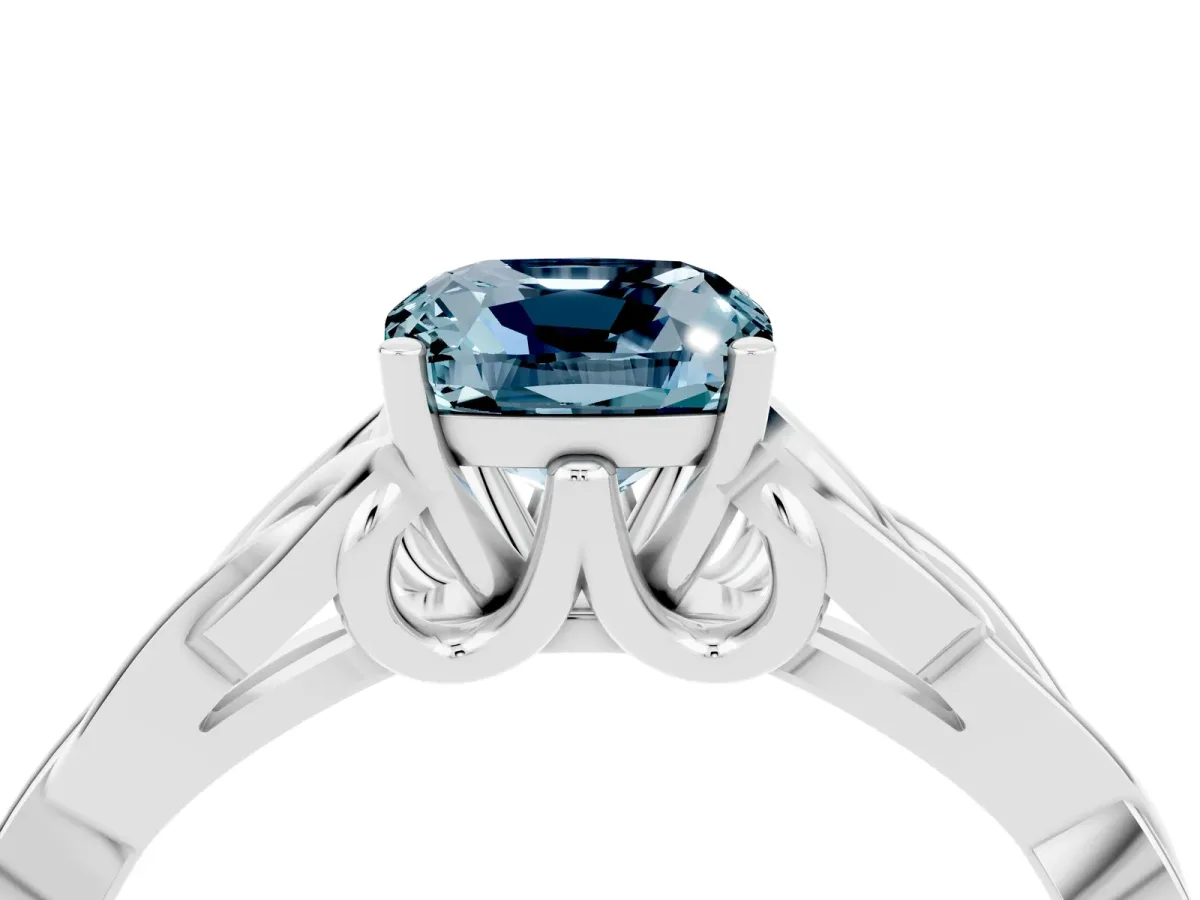 Cushion Cut Aquamarine Solitaire Engagement Ring with Celtic Knot Band and Four-Prong Setting White gold