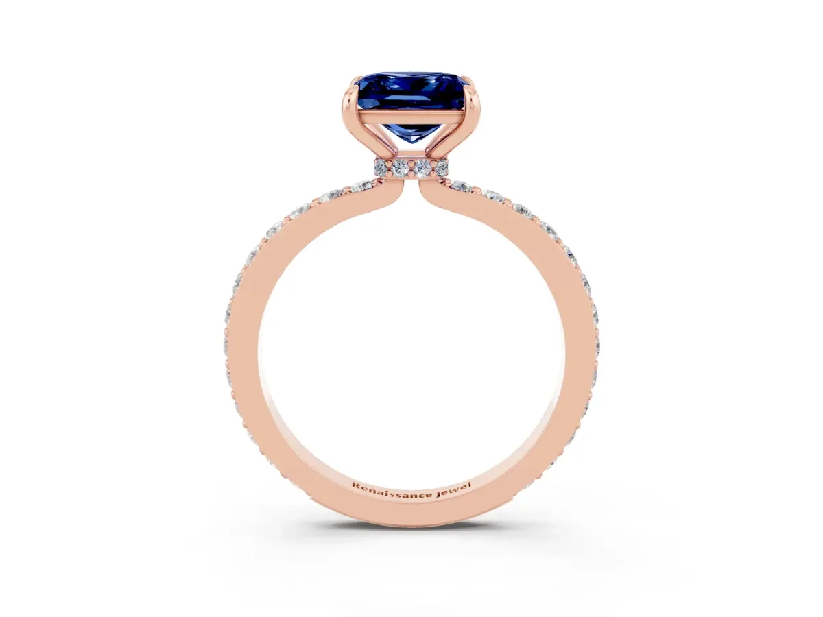 Princess Cut Blue Sapphire Solitaire Engagement Ring with Pavé Band and Four-Prong Setting Rose gold