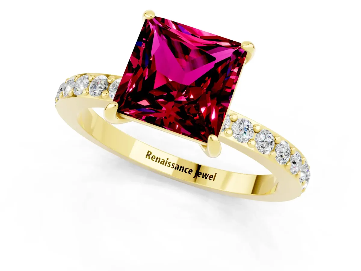 Princess Cut Garnet Solitaire Engagement Ring with Pavé Band and Four-Prong Setting Yellow gold