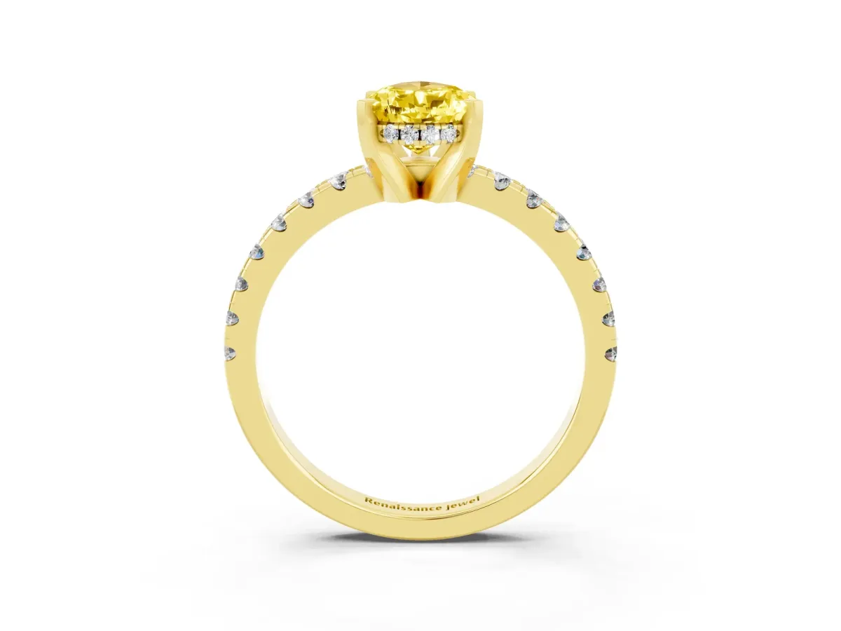 Pear Cut Yellow Sapphire Solitaire Ring with Round Pavé Band and Four-Prong Setting Yellow gold