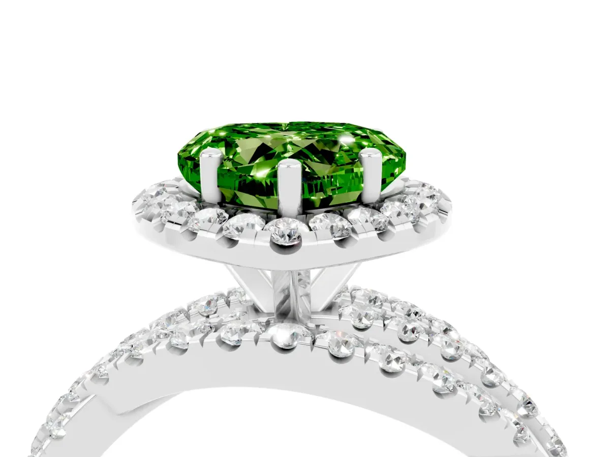 Heart Cut Peridot Halo Ring with Round Split Shank and Prong Setting Platinum