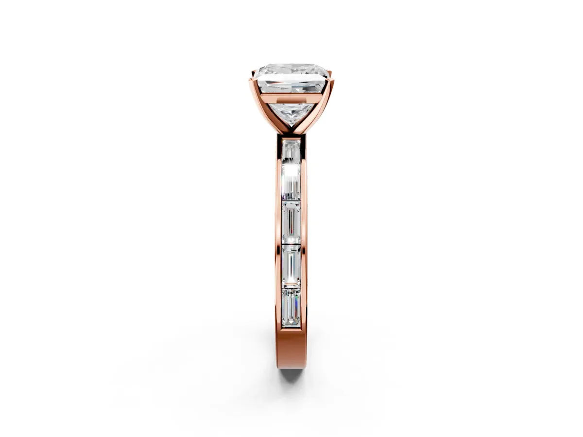 Princess Cut Solitaire Diamond Ring with Channel-Set Baguette Band and Four-Prong Setting Rose gold