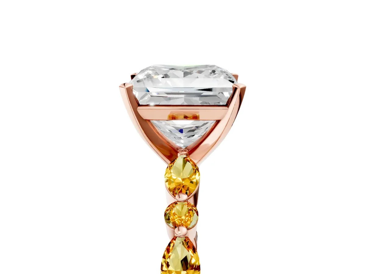 Princess Cut Diamond Ring with Marquise and Round Citrine Side Stones and Four-Prong Setting Rose gold