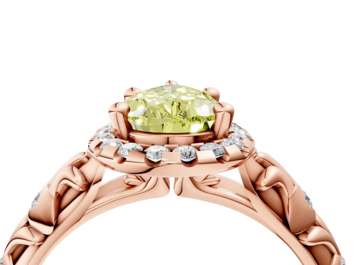 Fancy Yellow Pear Cut Diamond Halo Ring with Filigree Band and Prong Setting Rose gold