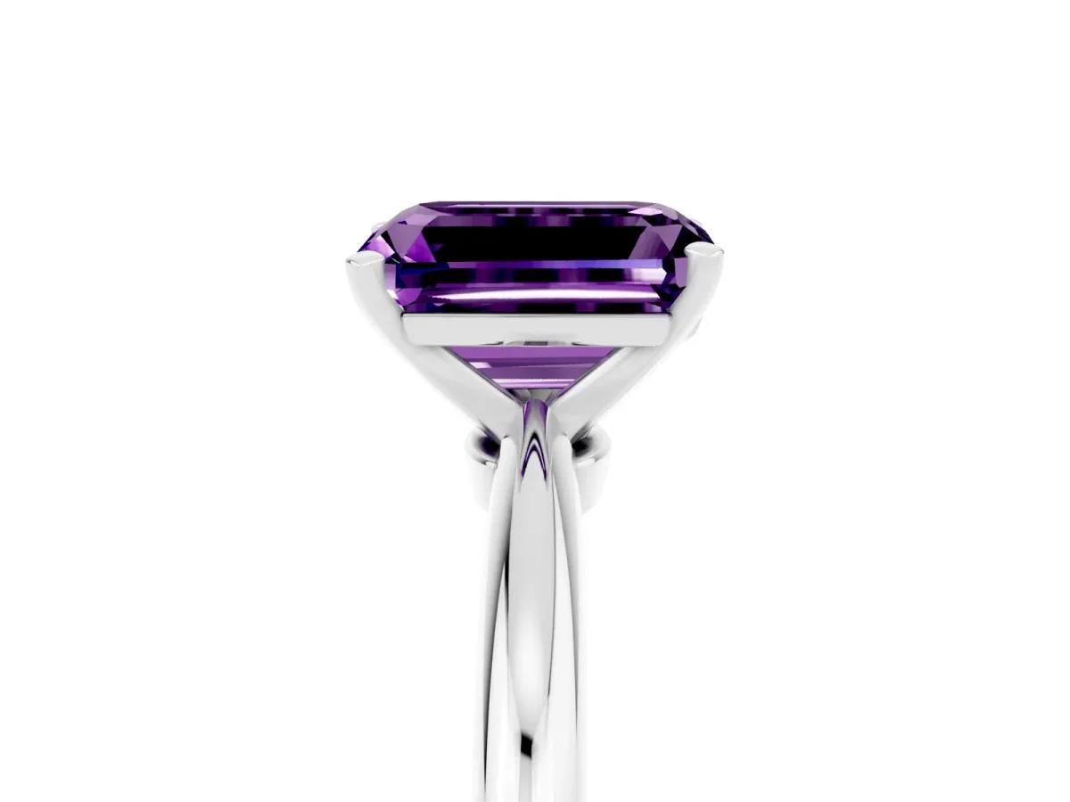 Emerald Cut Amethyst Solitaire Ring with Six-Prong Setting and Classic Band White gold